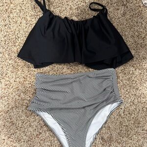 Cupshe Black Ruffle Bikini with Striped Bottoms